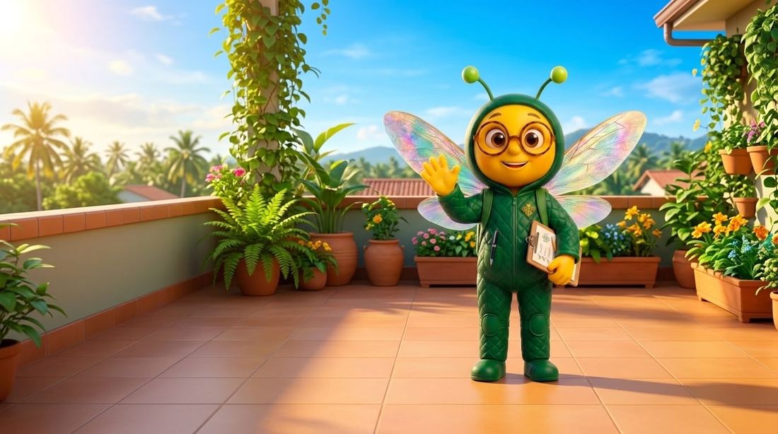 Meli the bee, in a green quilted suit and round glasses, waves from a sunny rooftop garden